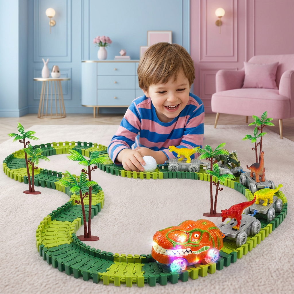 Dinosaurier Strecken Abenteuer – Flexible Rennbahn mit leuchtendem Zug