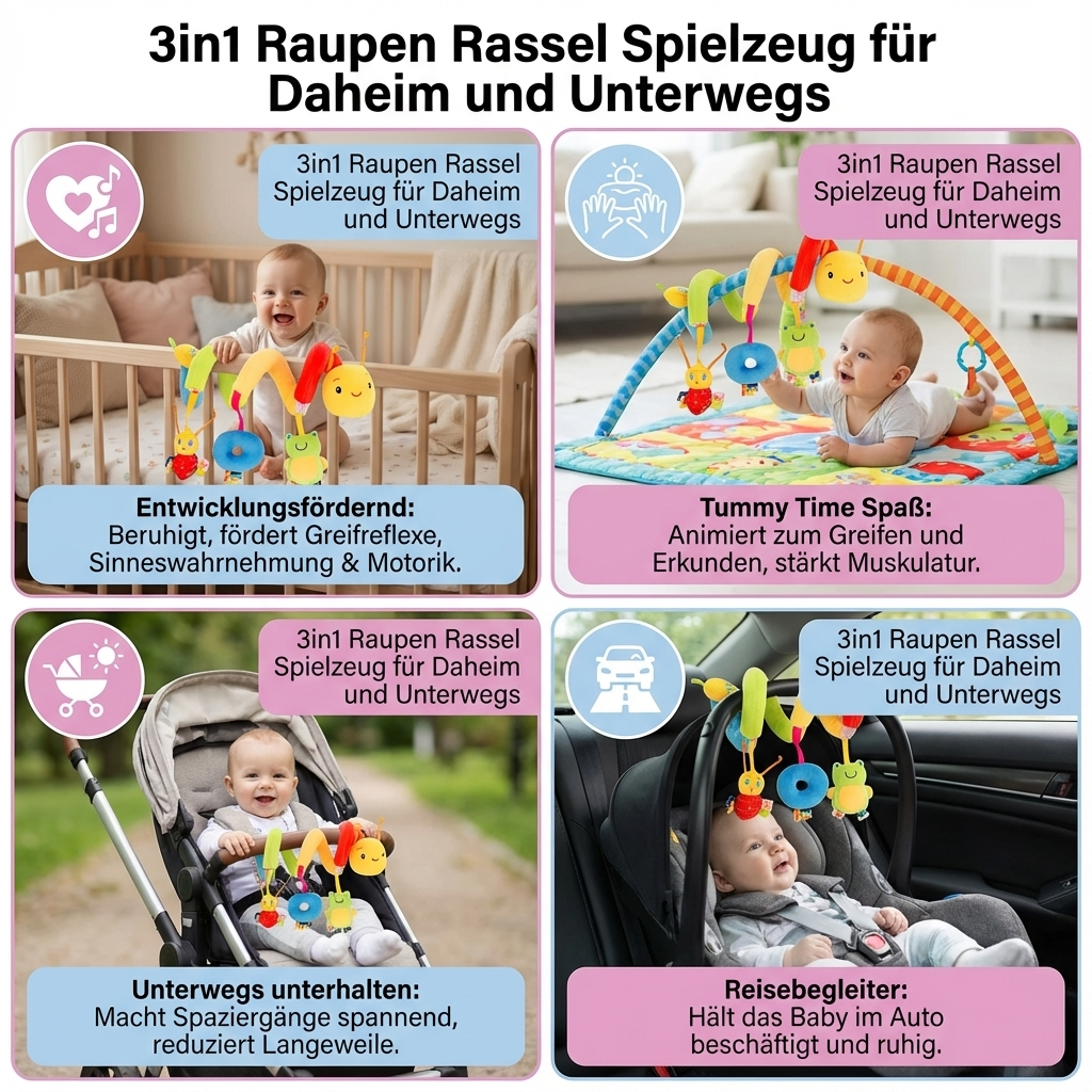 3in1 Raupen Rassel Spielzeug für Daheim und Unterwegs