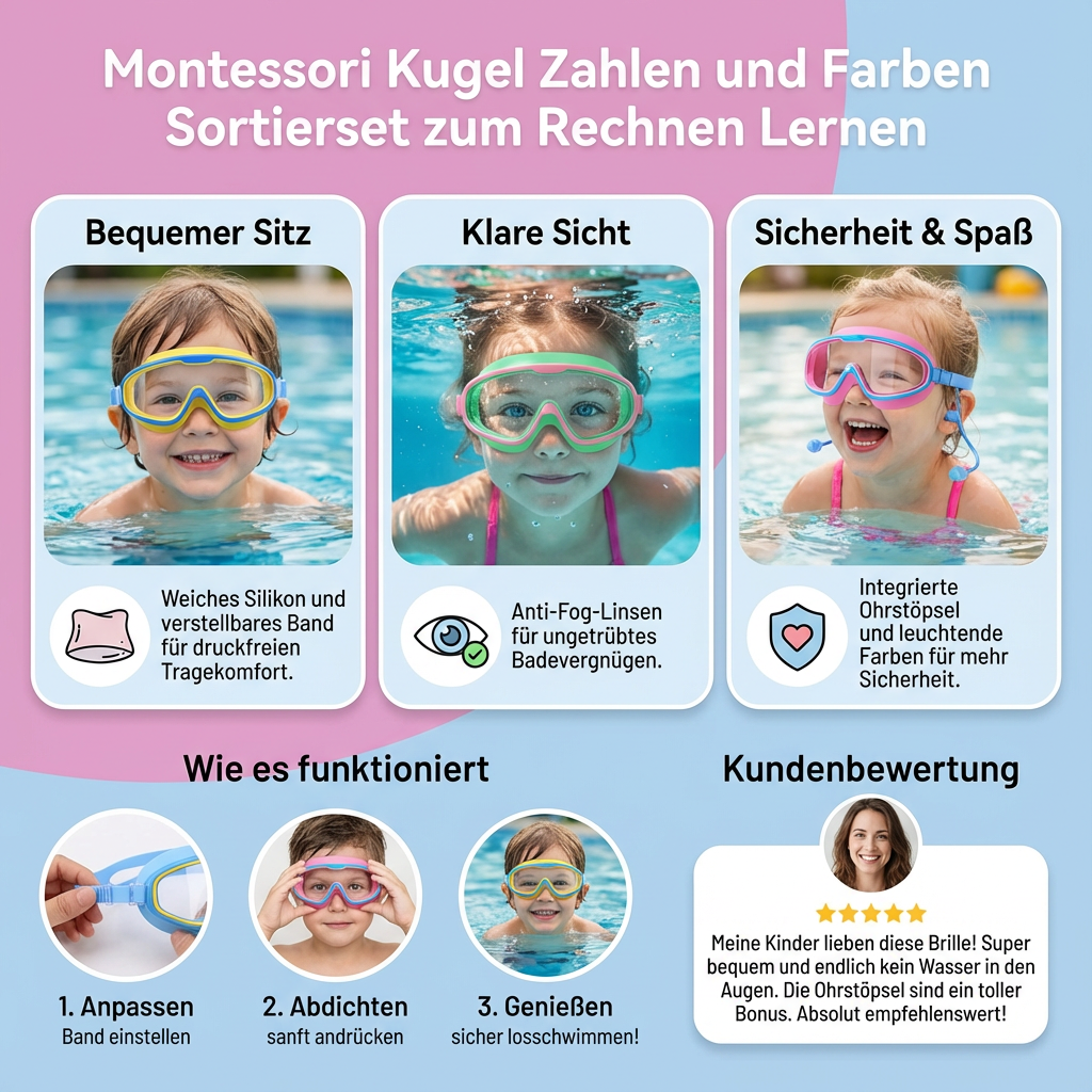 Kindergerechte Schwimm Brillen mit großen Rahmen & Anti-beschlag System