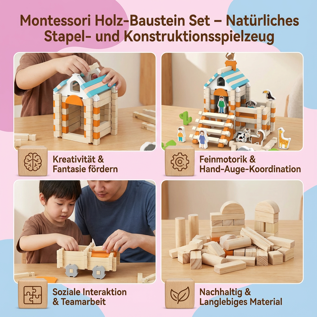 Montessori Holz-Baustein Set – Natürliches Stapel- und Konstruktionsspielzeug