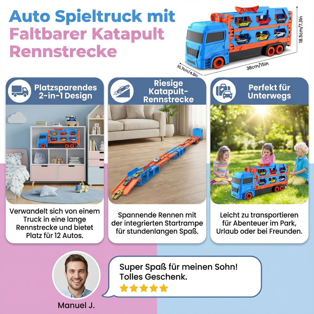 Auto Spieltruck mit Faltbarer Katapult Rennstrecke