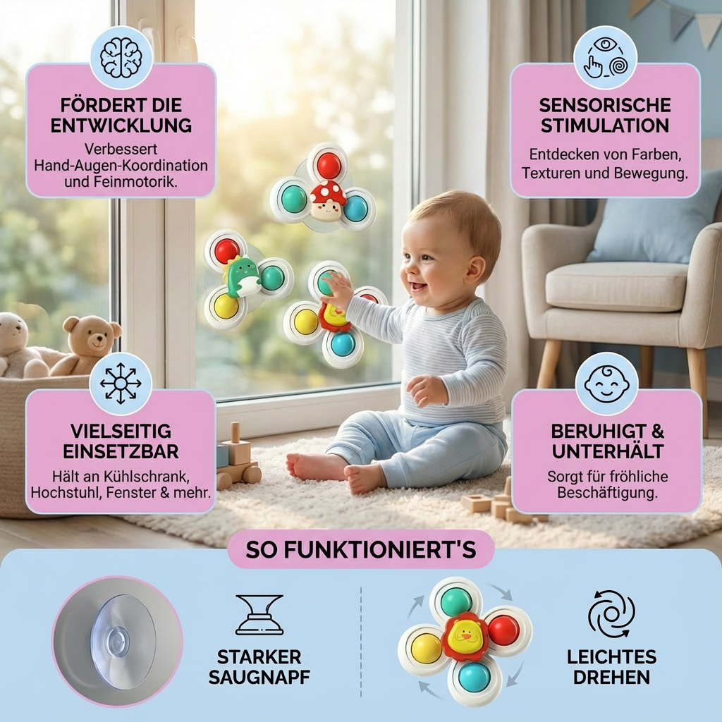 Niedliches Saugnapf Drehspielzeug für Babys 3er Set