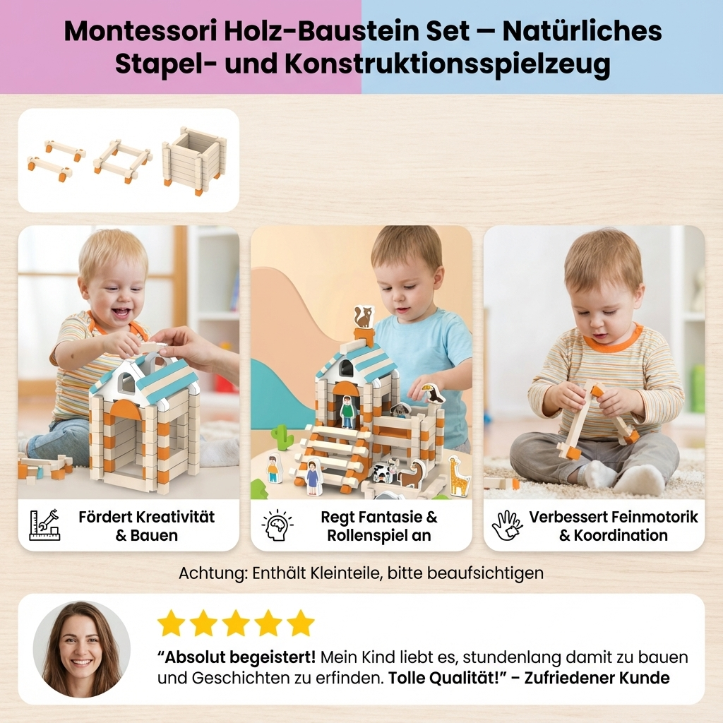 Montessori Holz-Baustein Set – Natürliches Stapel- und Konstruktionsspielzeug