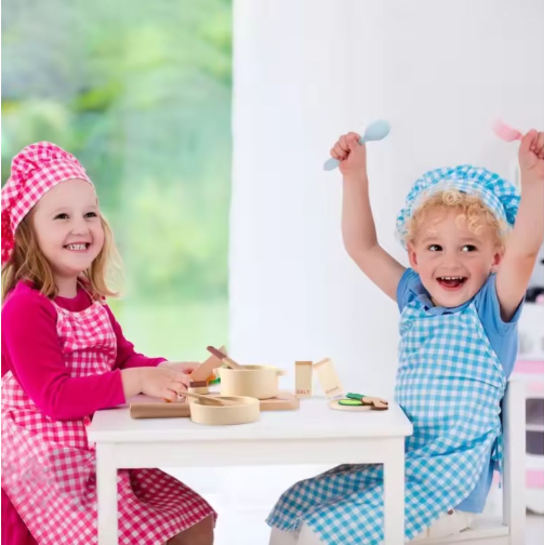 Holz-Spielküchen-Set für Kinder – Mini-Köche Set mit Bratpfanne, Zutaten und Zubehör