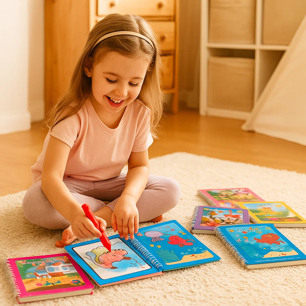 Magisches selbstlöschendes Wassermalbuch-Set für Kinder mit Wasserpinsel (6er Set)