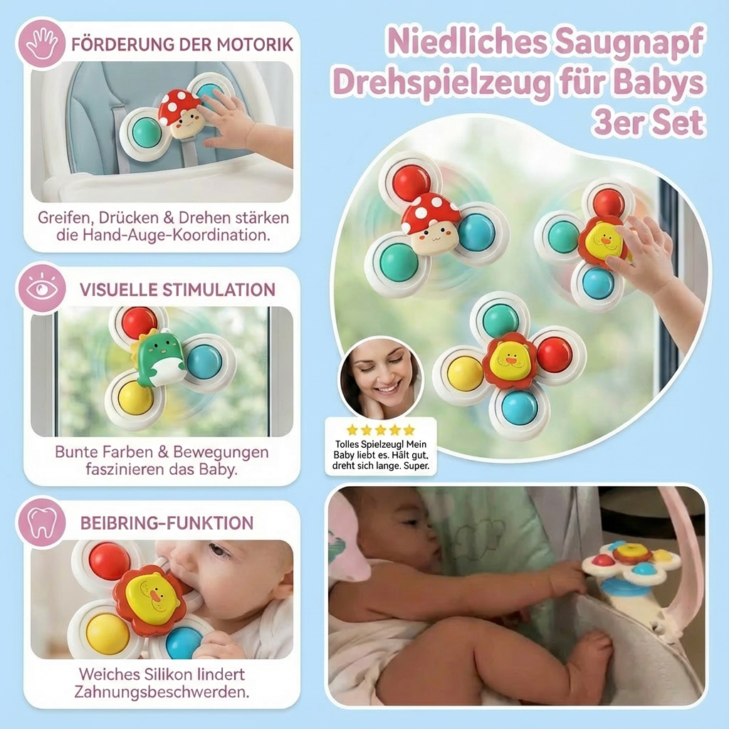 Niedliches Saugnapf Drehspielzeug für Babys 3er Set