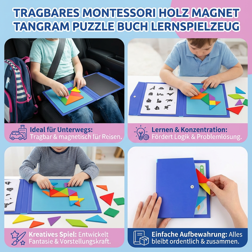Tragbares Montessori Holz Magnet Tangram Puzzle Buch Lernspielzeug