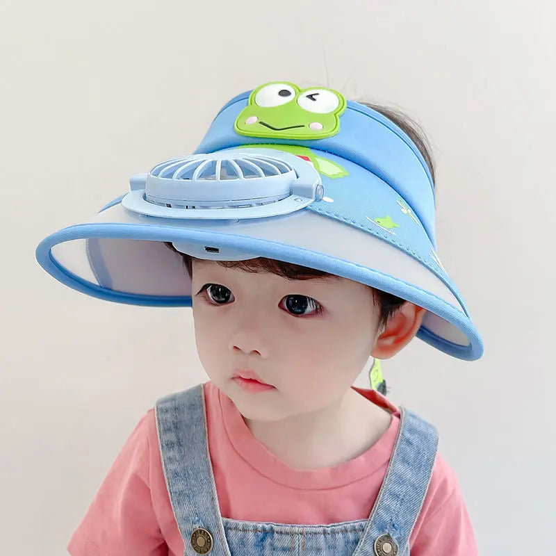 Kinder-Sonnenhut mit Ventilator – Verstellbarer Sommerhut mit Frosch-Design
