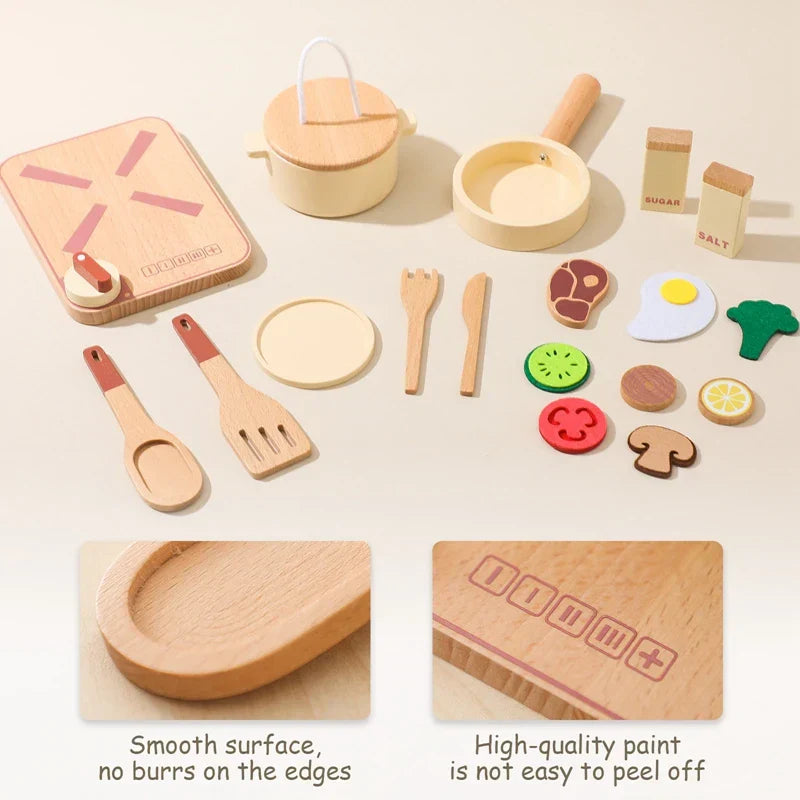 Holz-Spielküchen-Set für Kinder – Mini-Köche Set mit Bratpfanne, Zutaten und Zubehör