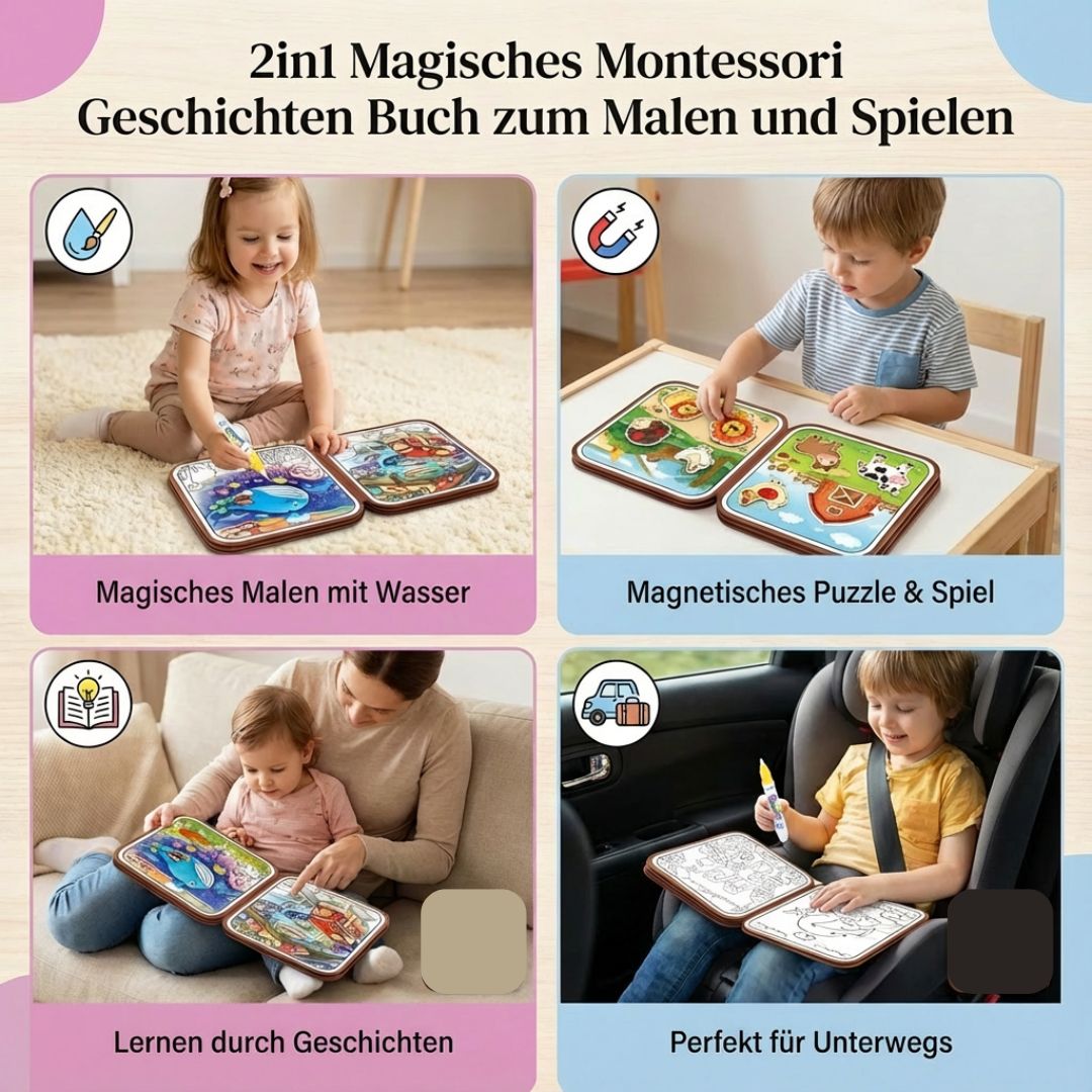 2in1 Magisches Montessori Geschichten Buch zum Malen und Spielen