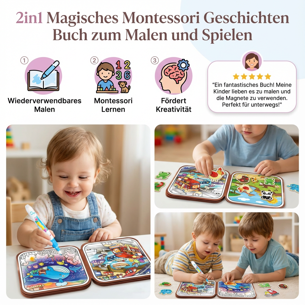 2in1 Magisches Montessori Geschichten Buch zum Malen und Spielen