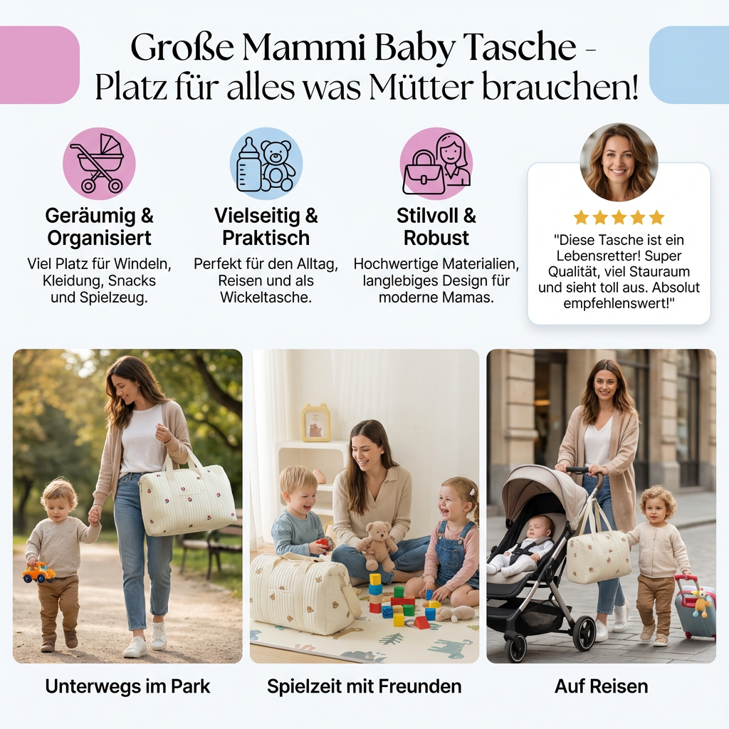 Große Mammi Baby Tasche - Platz für alles was Mütter brauchen!