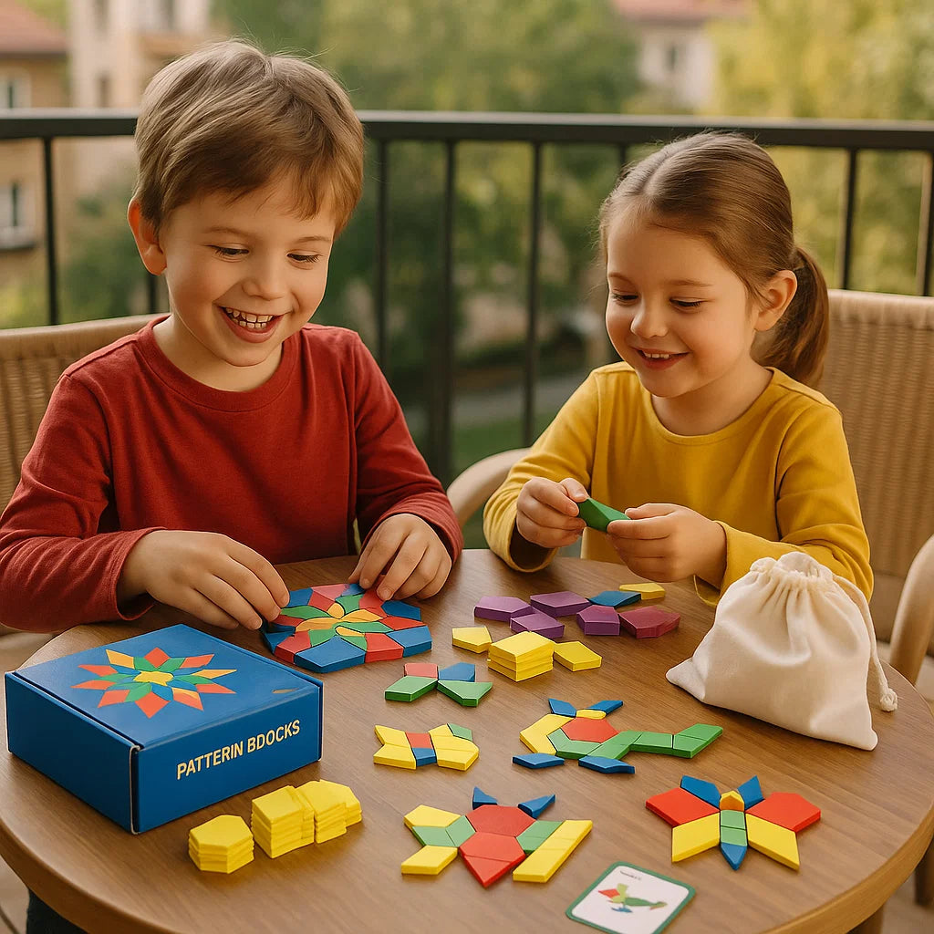 Geometrisches Montessori Holz Puzzle & Rätsel set für Kinder – 155 bunte Teile