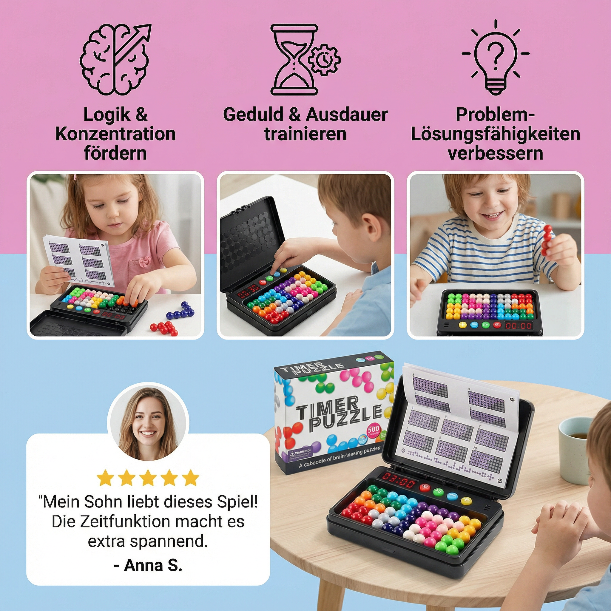Logik-Denkspiel für Kinder – 500 Rätsel mit Timer