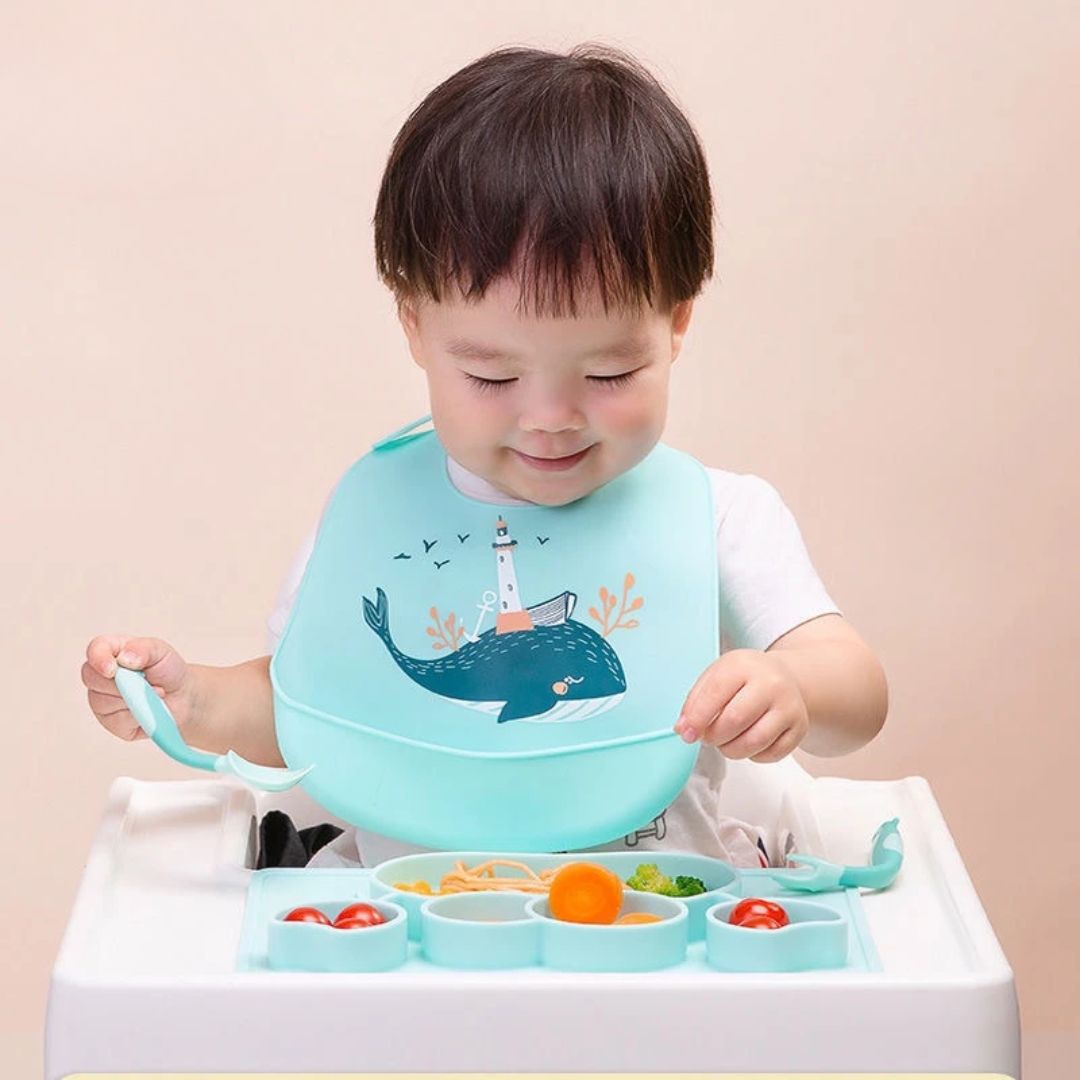 Silikon Lätzchen mit Auffangschale – Weiches Baby Lätzchen mit Tiermotiv