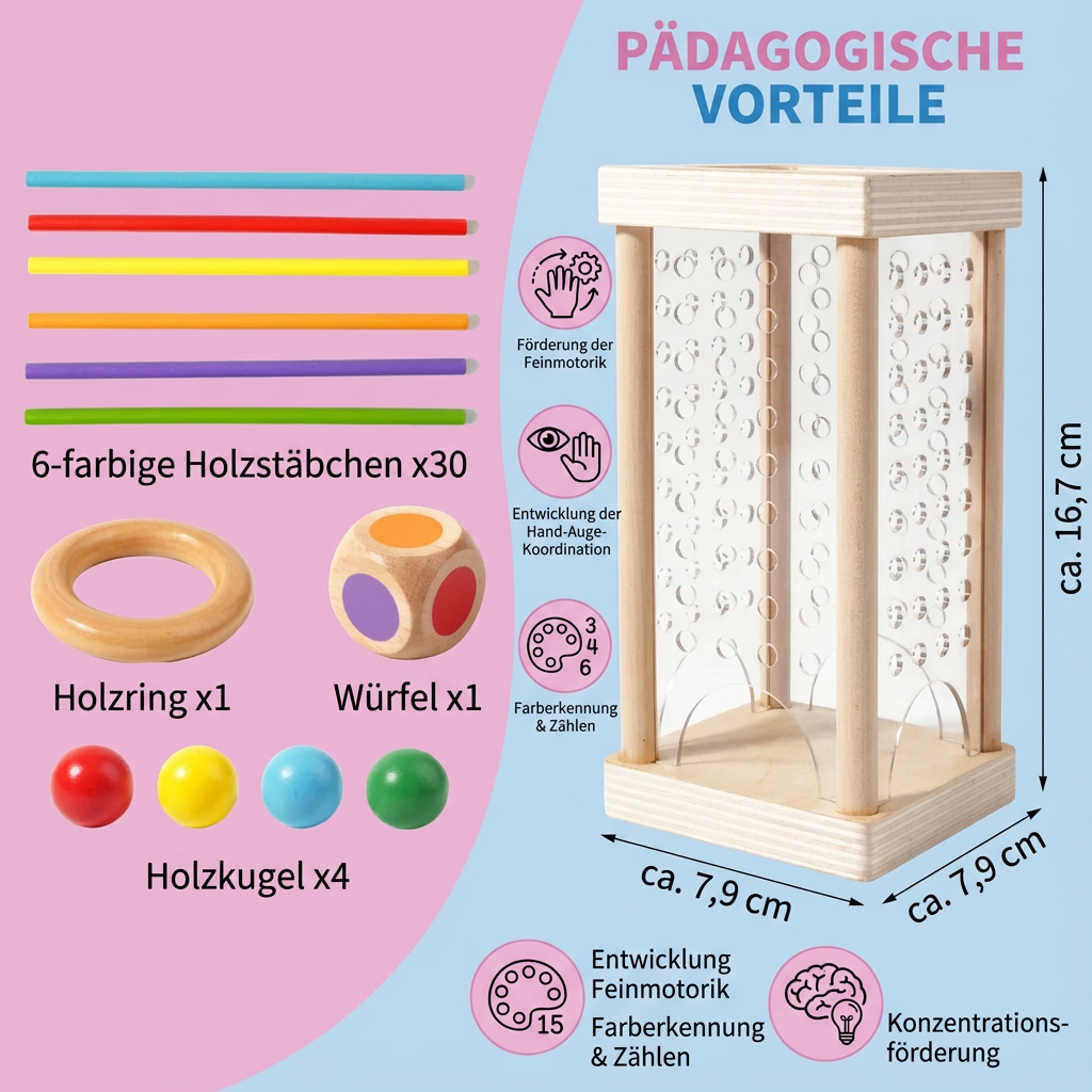 Pädagogisches 3in1 Holz Kugel und Stöckchen Geschicklichkeits Spiel