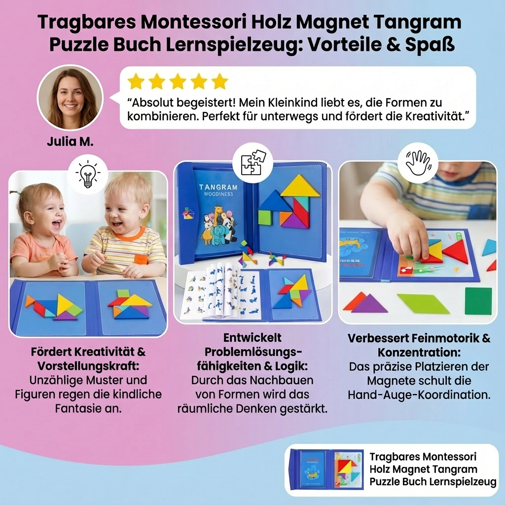 Tragbares Montessori Holz Magnet Tangram Puzzle Buch Lernspielzeug