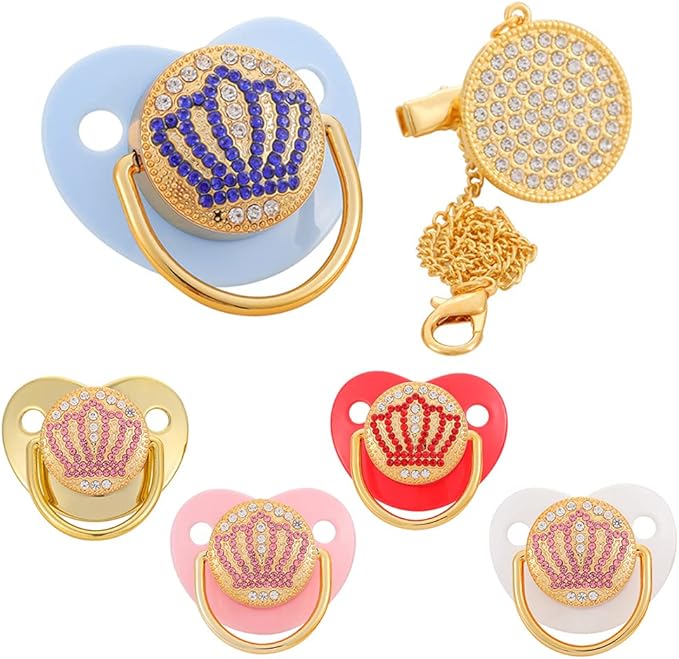 Luxus Schnuller mit Strass und Kronenmotiv – Goldfarben