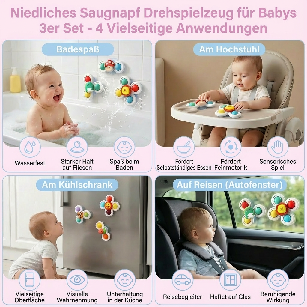 Niedliches Saugnapf Drehspielzeug für Babys 3er Set