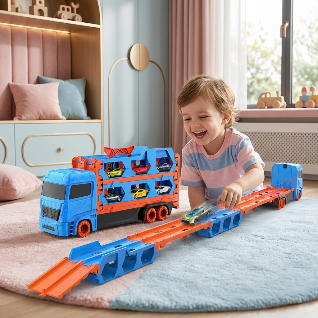 Auto Spieltruck mit Faltbarer Katapult Rennstrecke