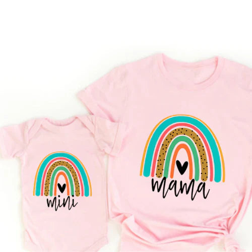 Mama & Tochter - Passendes T-Shirt & Strampler im Regenbogen-Design