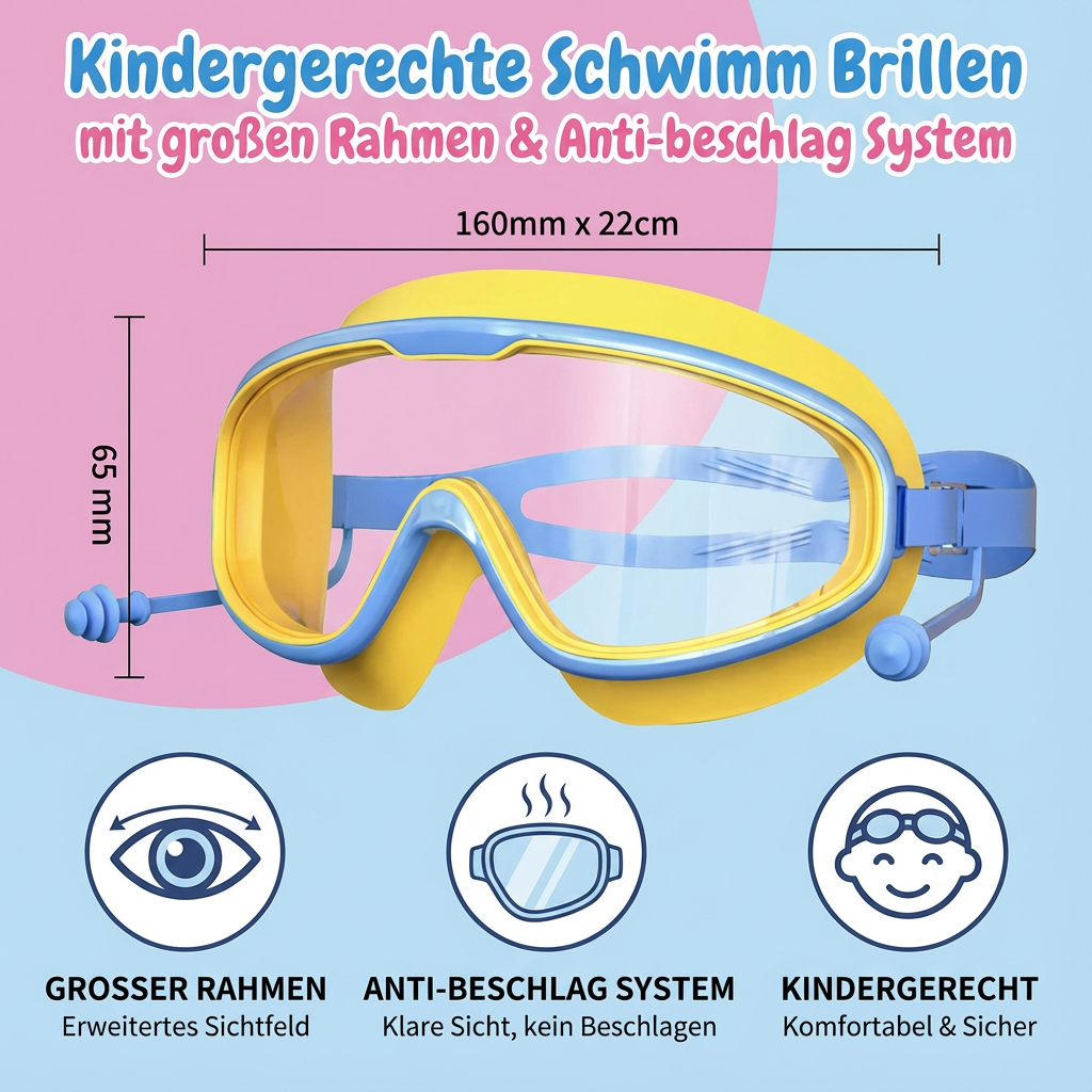 Kindergerechte Schwimm Brillen mit großen Rahmen & Anti-beschlag System