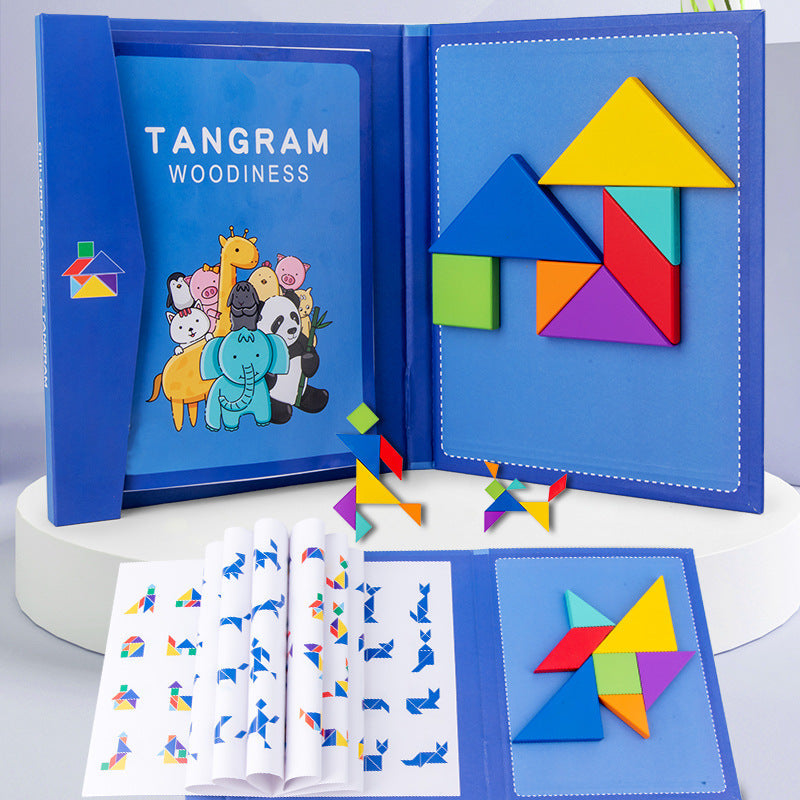 Tragbares Montessori Holz Magnet Tangram Puzzle Buch Lernspielzeug