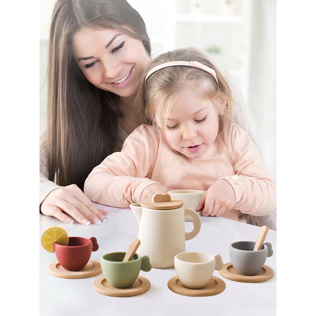 Holz & Silikon Teeset für Kinder – Buntes Spielzeug-Teeservice mit Zubehör