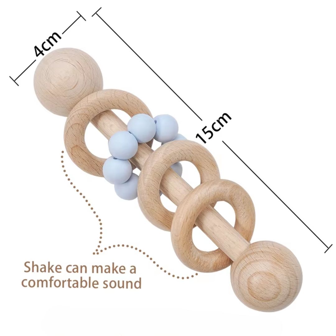 Baby Holzrassel mit Beißringen – Greifspielzeug zur Frühförderung & Zahnungshilfe