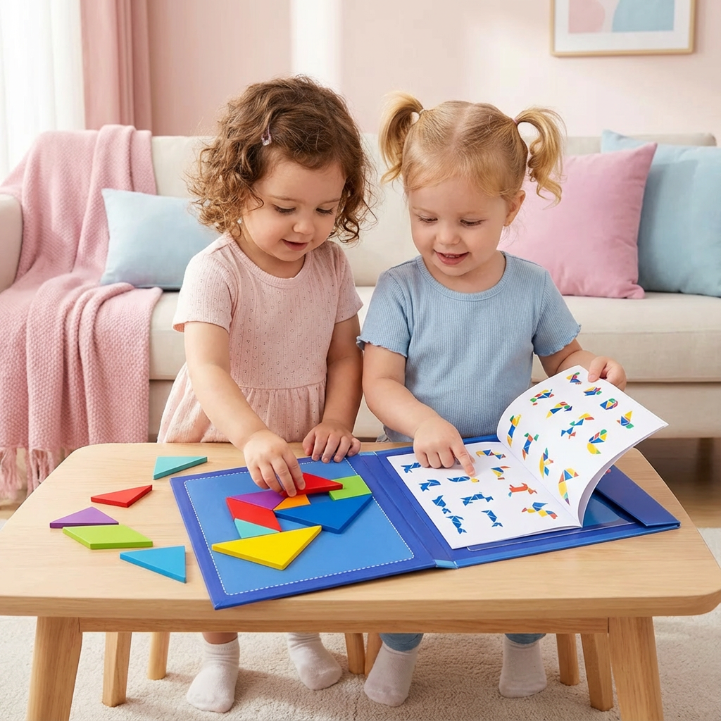 Tragbares Montessori Holz Magnet Tangram Puzzle Buch Lernspielzeug