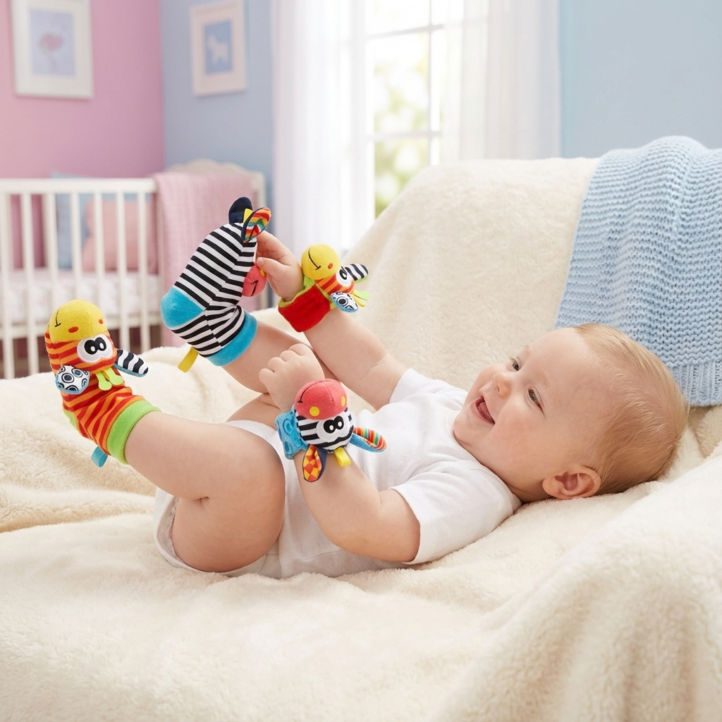 Sensorische Baby Plüschsocken und Armband