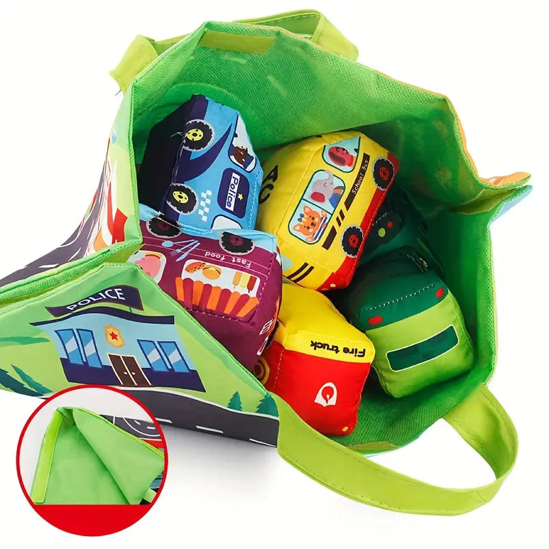 2in1 Sensorische Plüsch Spielzeug Autos mit Straßenmatte und Tasche für Unterwegs