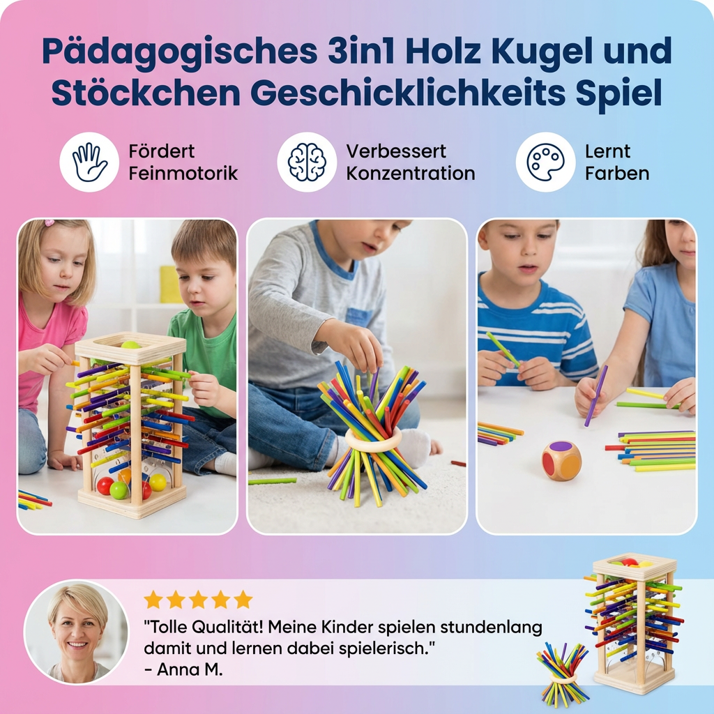 Pädagogisches 3in1 Holz Kugel und Stöckchen Geschicklichkeits Spiel