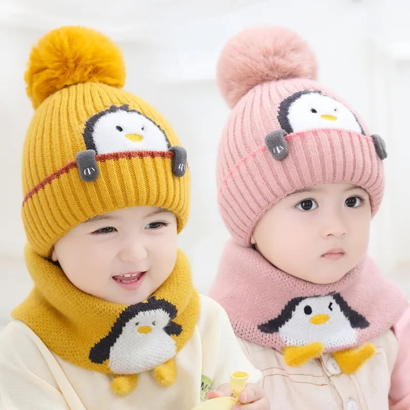 Warmer Pinguin-Look – Strickmütze & Schal-Set für Kinder