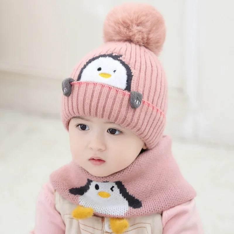 Warmer Pinguin-Look – Strickmütze & Schal-Set für Kinder