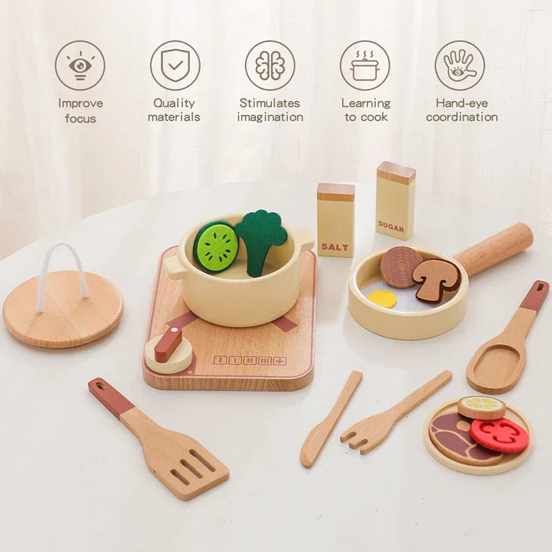 Holz-Spielküchen-Set für Kinder – Mini-Köche Set mit Bratpfanne, Zutaten und Zubehör