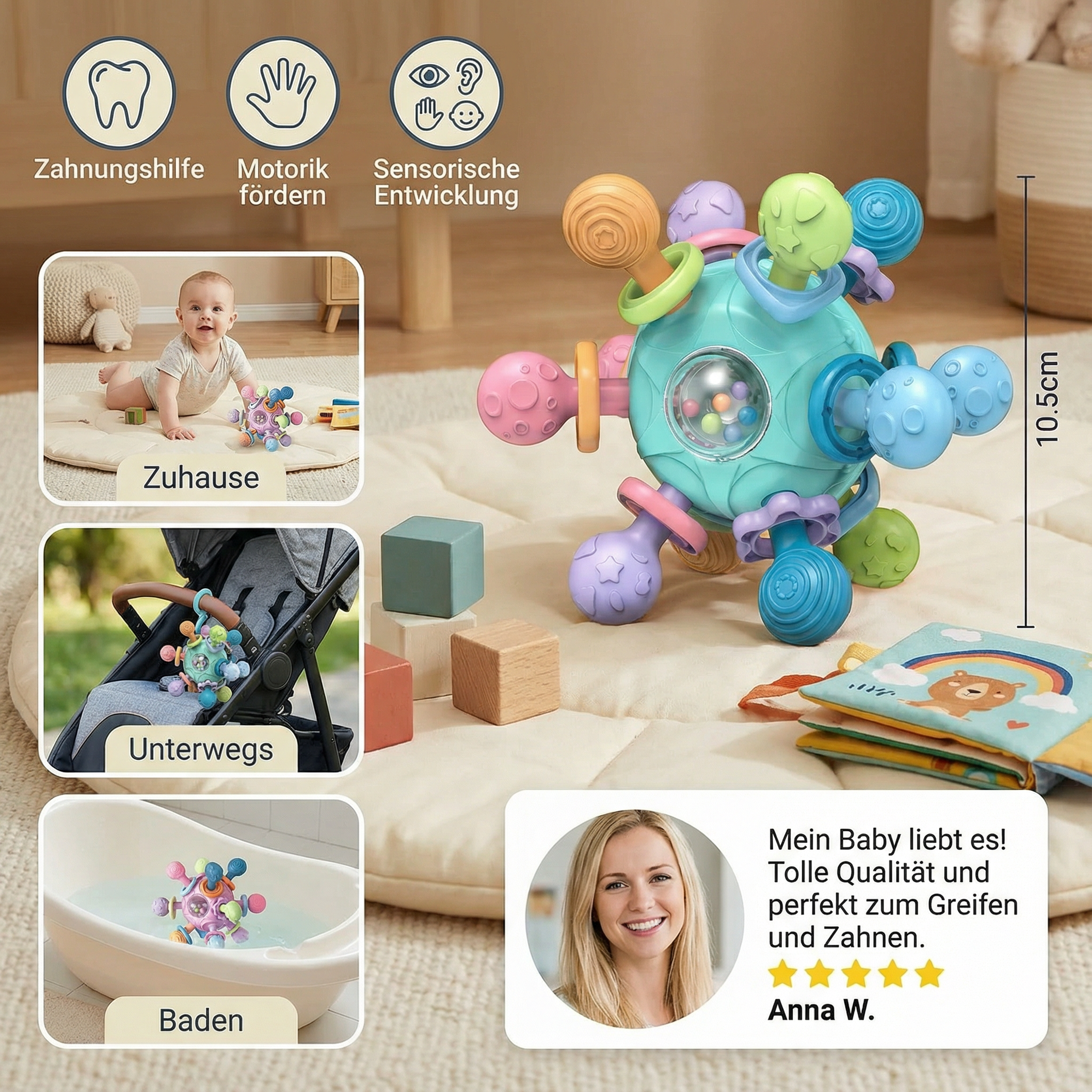 Sensorischer Baby-Greifball mit Silikon Beißhilfe und Rassel